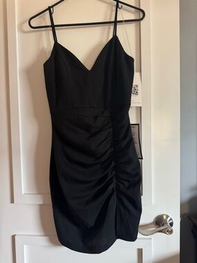 Emerald Sundae Black Spaghetti-Strap Ruched Mini Dress